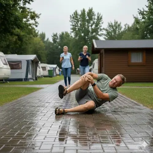Ein Gast ist auf einem rutschigen Weg auf einem Campingplatz ausgerutscht. Eine Betriebshaftpflicht deckt diesen Personenschaden ab.