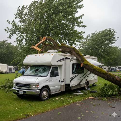Ein Wohnwagen wurde durch einen herabfallenden Baum auf einem Campingplatz beschädigt. Eine Betriebshaftpflicht deckt diesen Sachschaden ab.