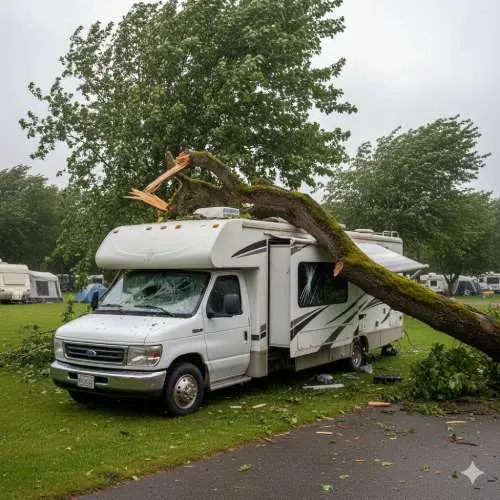 Ein Wohnwagen wurde durch einen herabfallenden Baum auf einem Campingplatz beschädigt. Eine Betriebshaftpflicht deckt diesen Sachschaden ab.