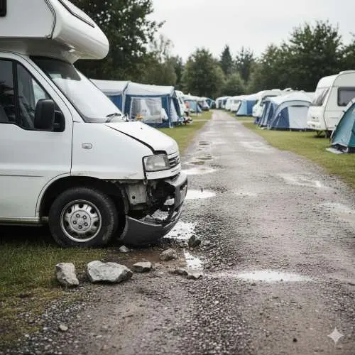 Ein Wohnwagen wurde durch einen schlechten Weg auf einem Campingplatz beschädigt. Dieser Sachschaden wird durch die Betriebshaftpflicht abgedeckt.