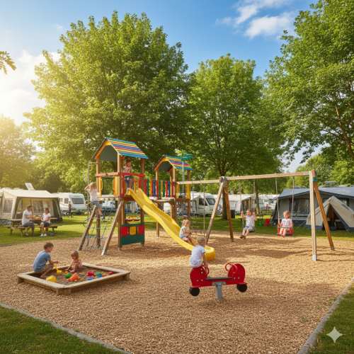 Ein Spielplatz auf einem Campingplatz. Wenn hier ein Personenschaden passiert, wird er von der Betriebshaftpflicht für Campingplätze abgedeckt.