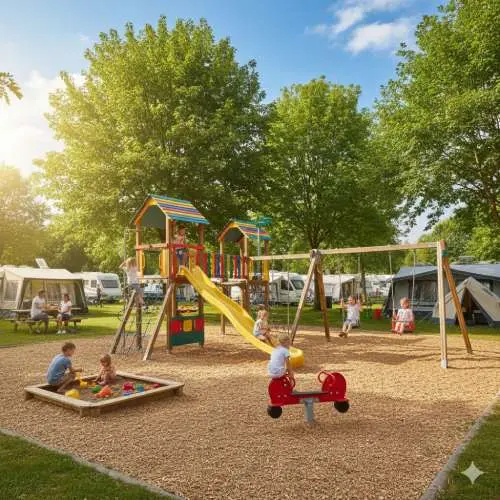Ein Spielplatz auf einem Campingplatz. Wenn hier ein Personenschaden passiert, wird er von der Betriebshaftpflicht für Campingplätze abgedeckt.