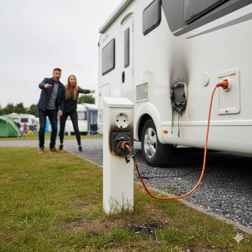 Ein fehlerhafter Stromkasten beschädigt einen Wohnwagen auf einem Campingplatz. Ein Sachschaden, der von der Betriebshaftpflicht abgedeckt wird.