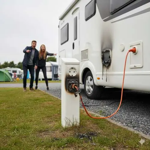Ein fehlerhafter Stromkasten beschädigt einen Wohnwagen auf einem Campingplatz. Ein Sachschaden, der von der Betriebshaftpflicht abgedeckt wird.