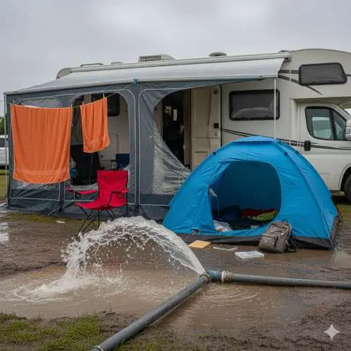 Ein Wasserrohr ist auf einem Campingplatz geplatzt und beschädigt ein nahestehendes Zelt. Zum Glück wird dieser Schaden durch die Betriebshaftpflicht abgedeckt.